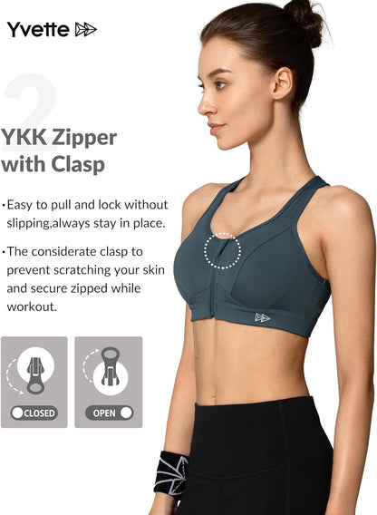Zip Front High Impact Sports Bra for Large Bust | Secure Locking Zipper,Fixed Non-Slip Pads,Breathable,Wireless Comfort,Running Bra plus Size Friendly,Gym Workout,Fitness