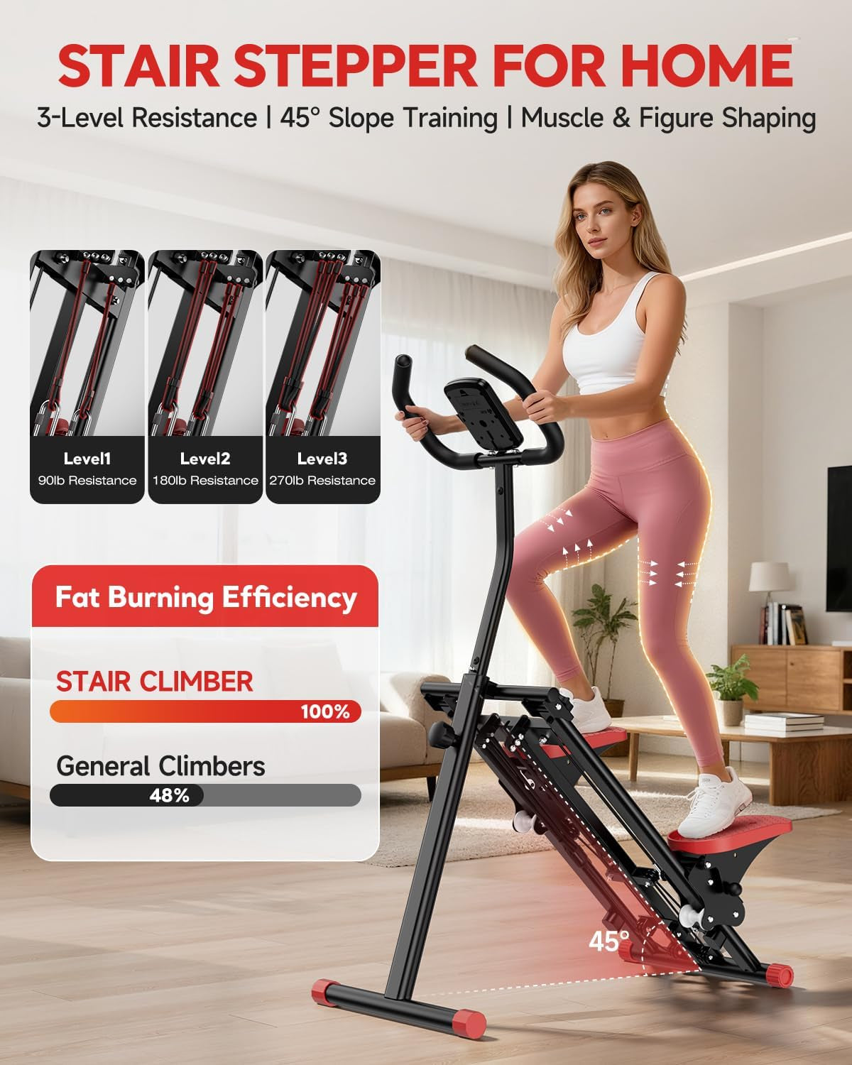Stair Stepper for Home, 3-Level Resistance Stair Stepper, Foldable Compact Design with LCD Display & Enlarged Non-Slip Pedals, Full Body Toning Fitness Machine