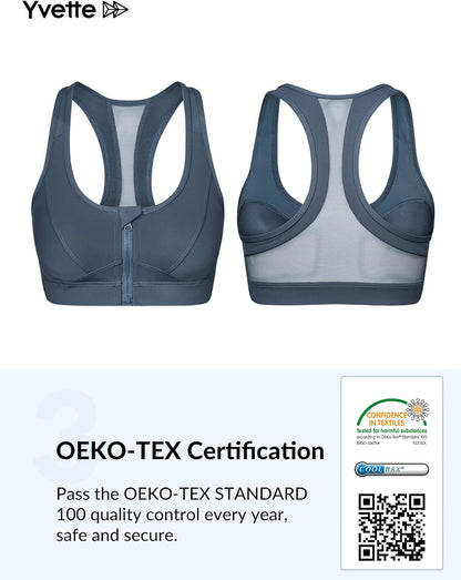 Zip Front High Impact Sports Bra for Large Bust | Secure Locking Zipper,Fixed Non-Slip Pads,Breathable,Wireless Comfort,Running Bra plus Size Friendly,Gym Workout,Fitness