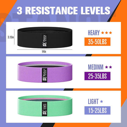 Booty & Resistance Bands – 3 Level Non-Slip Fabric Exercise Bands for Legs & Glutes, Women & Men, Squats, Hip Thigh Training, Yoga, Pilates, Home Workout